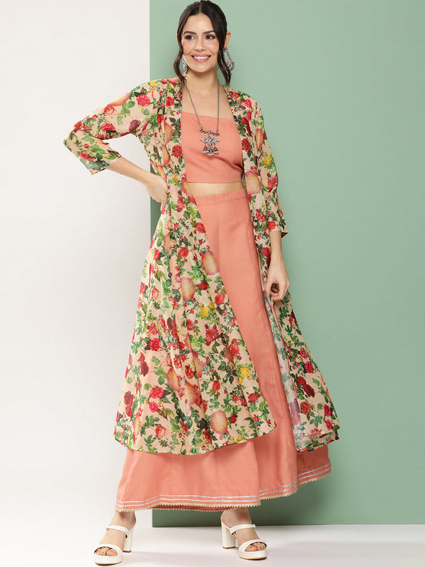 Peach Floral Print Shrug & Inner Plain Short Spaghetti, With Flared Palazzos.