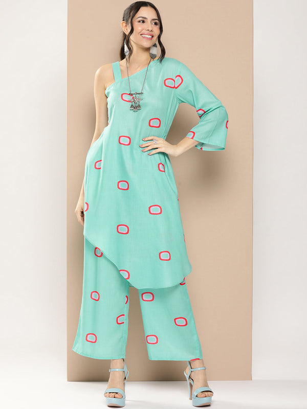 Blue Geometrical Print One Shoulder Kurta With Palazzos