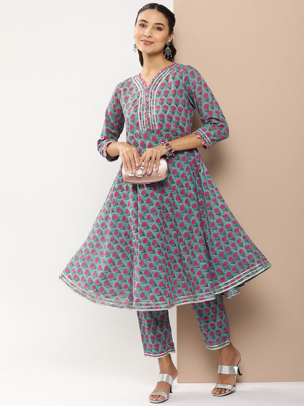 Jashvi Teal Blue Floral Print Anarkali Kurta With Gotta Patti Details With Teal Blue Floral Print Palazzos.