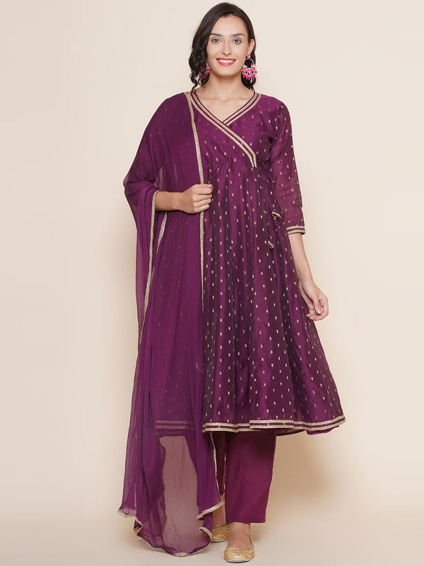 Purple Angrakha Style Kurta With Solid Palazzo & Dupatta