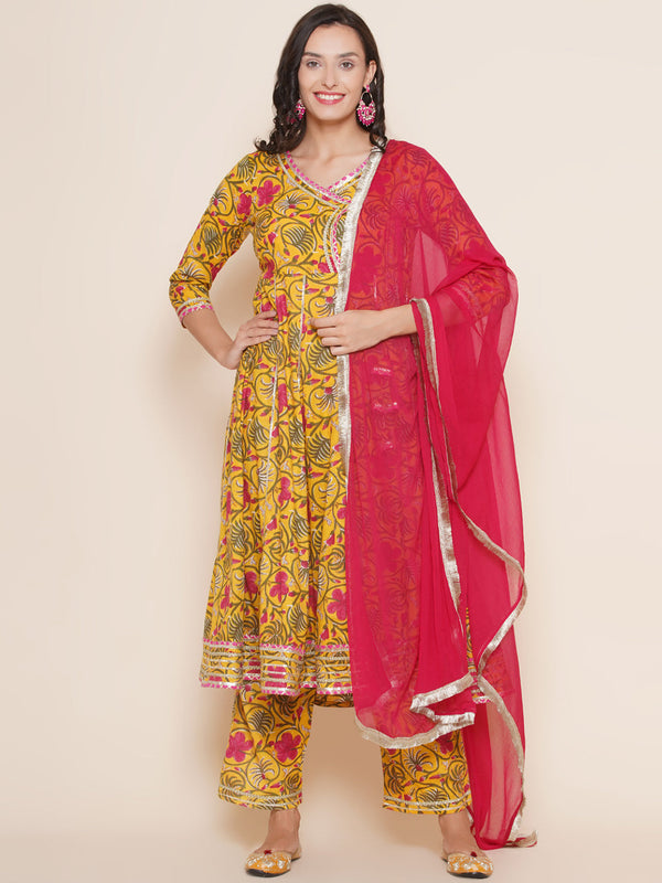 Yellow Floral Printed Angrakha Style Gotta details Kurta & Palazzos with Dupatta