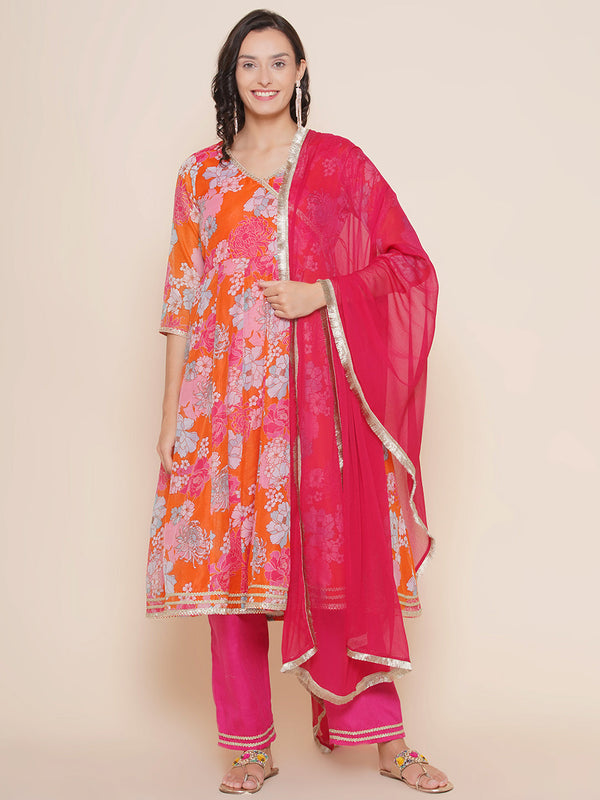 Orange Angrakha Style Kurta With Pink Solid Palazzo & Dupatta