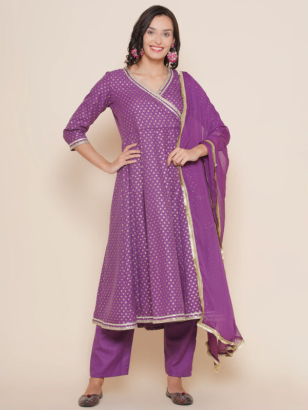 Purple Angrakha Style Kurta With Purple Solid Palazzo & Dupatta.