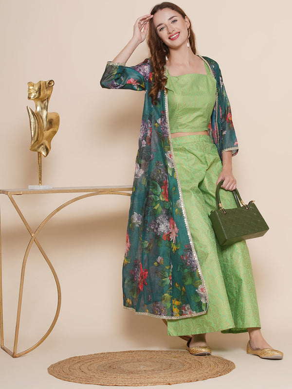 Green Floral printed Jacket, Camisole with Palazzos