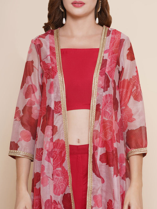 Red Floral printed Jacket, camisole with Palazzos