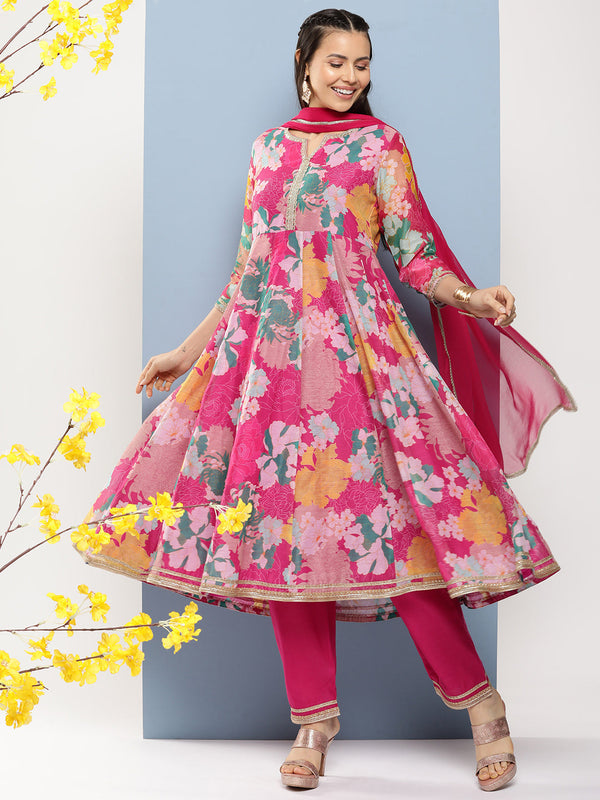 Jashvi Pink Floral Print A- Line Kurta With Lace Detailing & Pink Solid Palazzo With Lace Detailing.