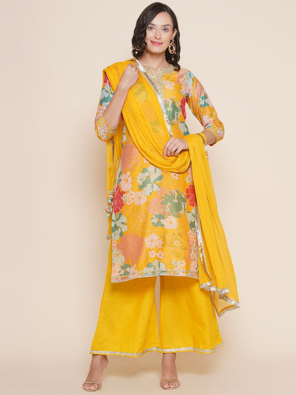 Yellow Floral Print Straight Kurta With Yellow Solid Palazzos & Dupatta