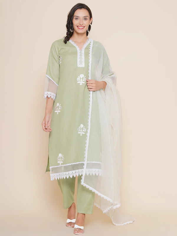 Green Embroidered straight kurta with Palazzo & Lace work Dupatta