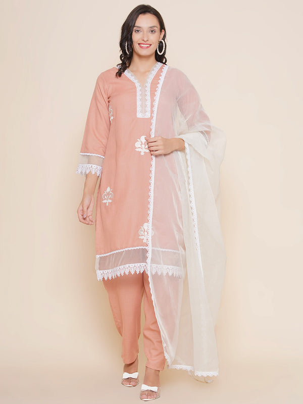 Peach Embroidered straight kurta with Palazzo & Lace work Dupatta