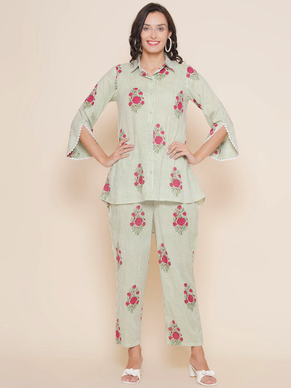 Green Striped Floral Print Kurta With Palazzos