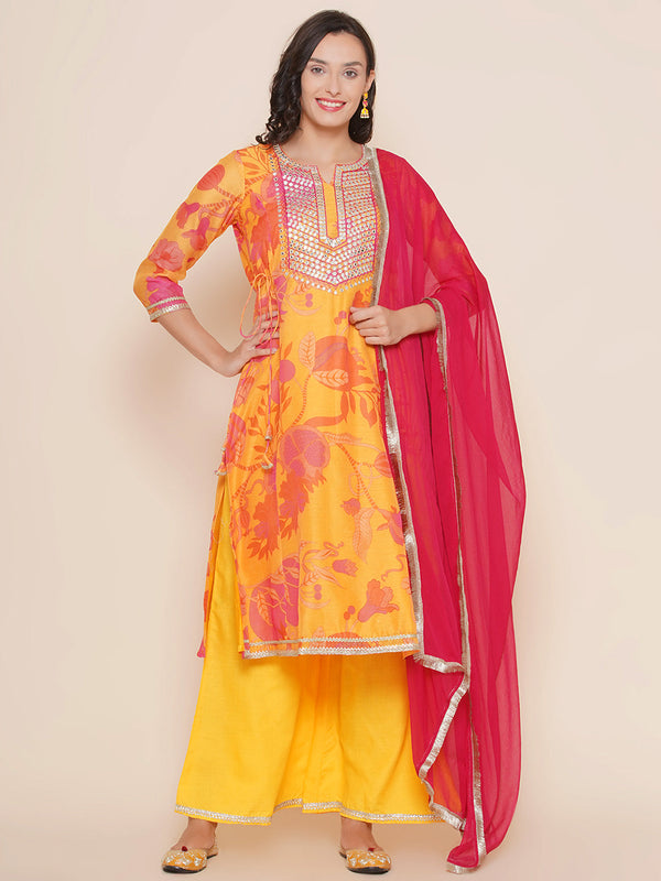 Yellow Floral printed A-Line Yoke Embroidered kurta & Yellow Solid Palazzos with Dupatta