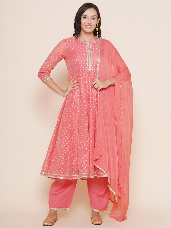 Peach Self Design Anarkali kurta with Peach Solid Palazzos & Dupatta