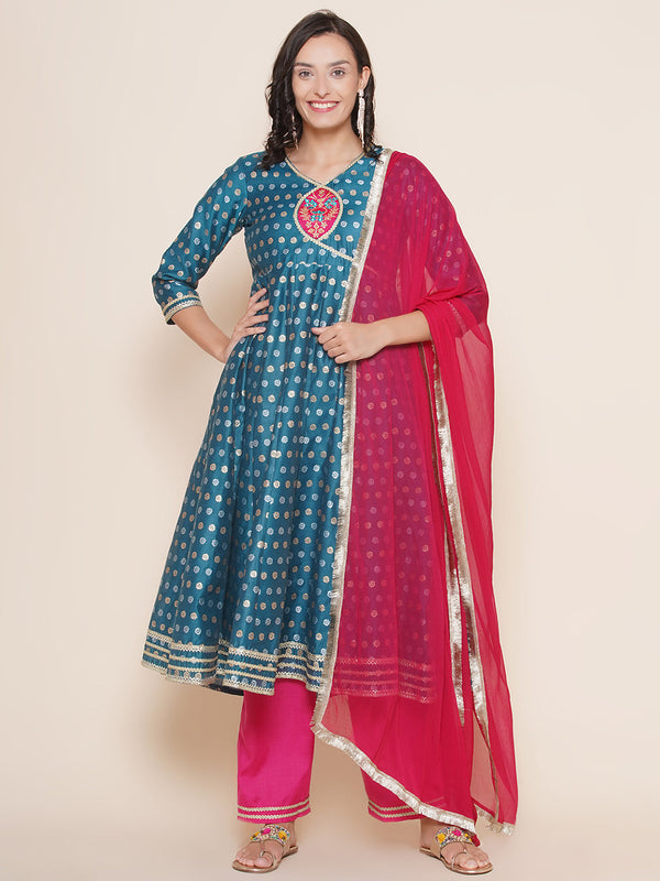 Blue Jacquard Booti fabric Angrakha Style Lace Details Kurta & Pink Solid Palazzos with Dupatta