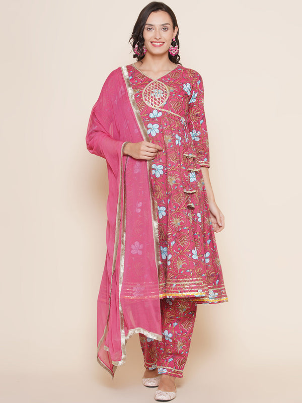 Pink Floral Printed Gotta Detailing Flared Anarkali Kurta & Pink Multi Printed Pant with Dupatta