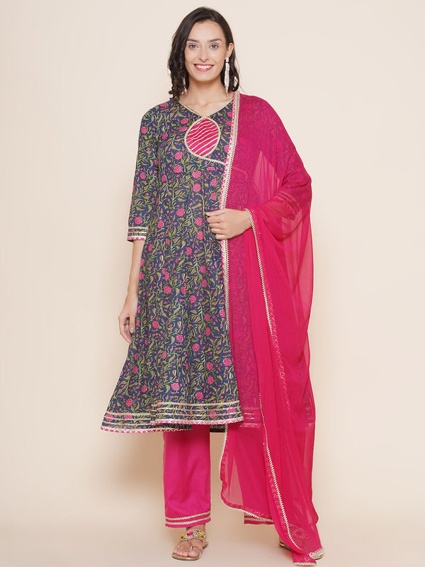 Jashvi Blue Pink Floral Print Anarkali kurta & Pink Solid Palazzos With Dupatta