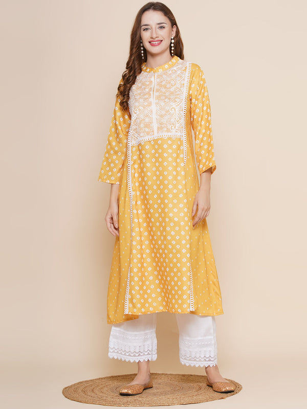 Women Yellow Bandhani Printed Lace Details Kurta with Off White lace Work Palazzos