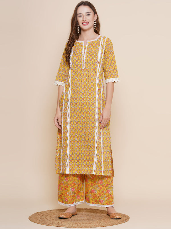 Women Mustard Yellow & Pink Printed Lace Details Kurta with Mustard Print Palazzos