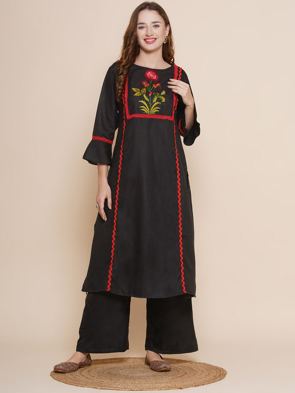 Women Black Yoke Embroidered Design Lace Work Kurta with Black Solid Palazzos