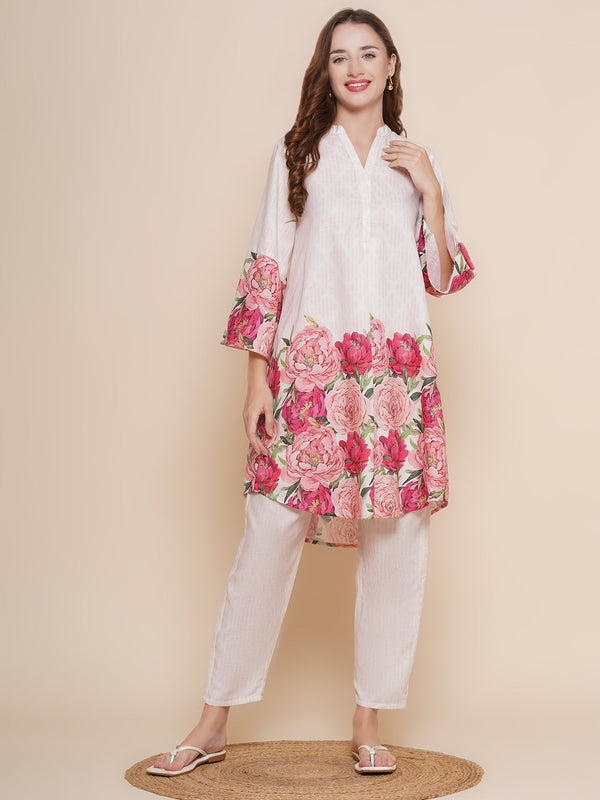 Women Cream Rose Printed Kurta With Pant