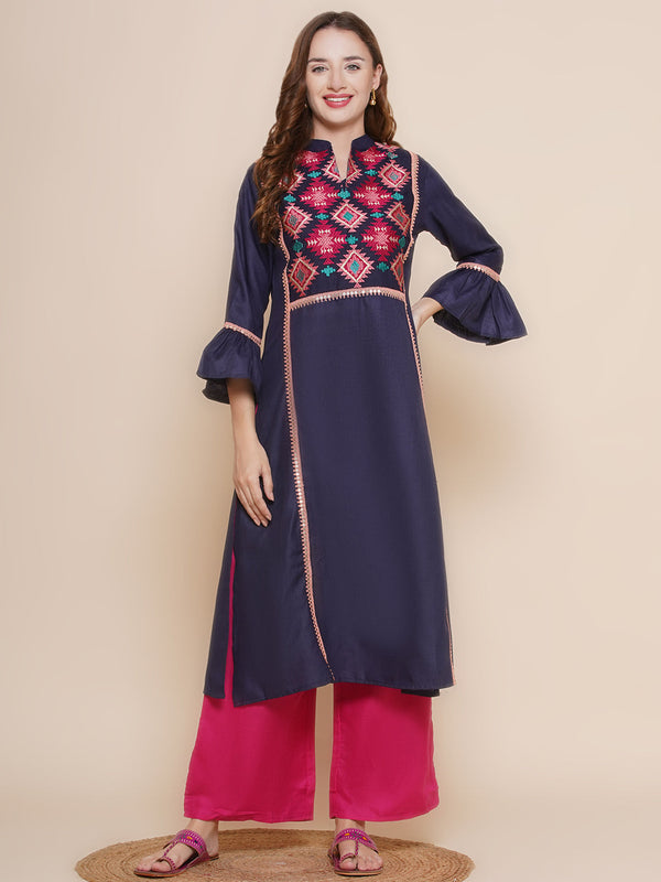 Women Navy Blue & Pink Embroidered Lace work Kurta with Pink Solid Palazzos