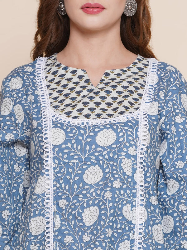 Women Blue & White Printed Lace work Kurta with white & Blue Printed Palazzos