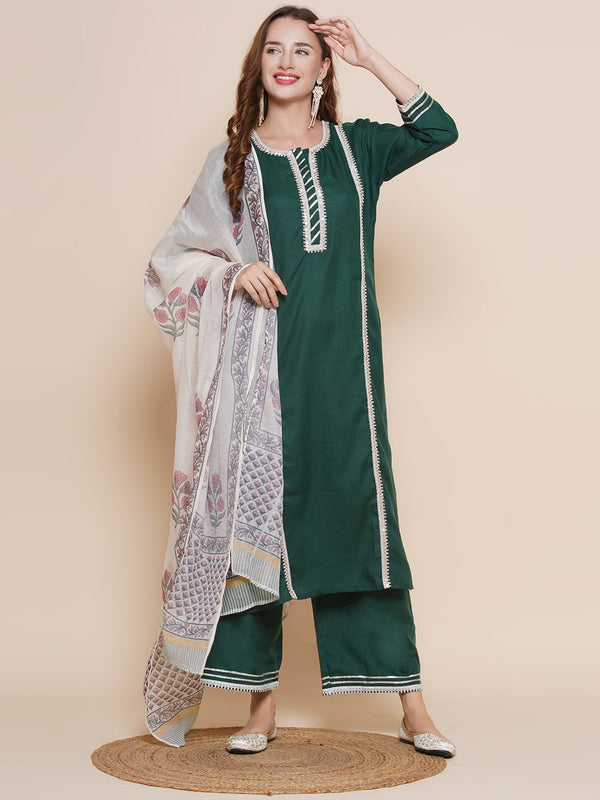 Green Solid Lace work Kurta with Green Solid Palazzos & Printed Dupatta