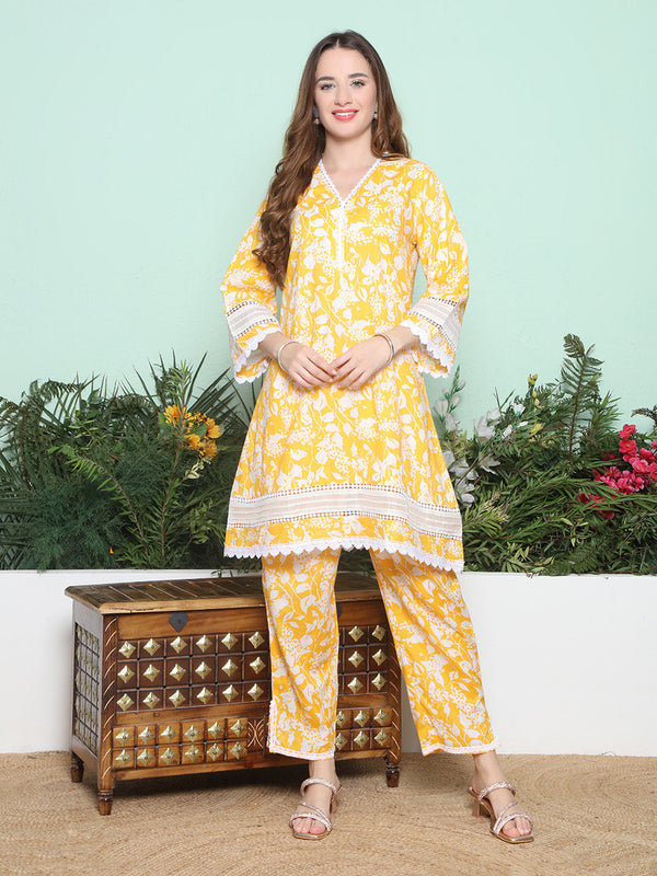 Yellow Printed Lace Detailing Kurta with Pant.