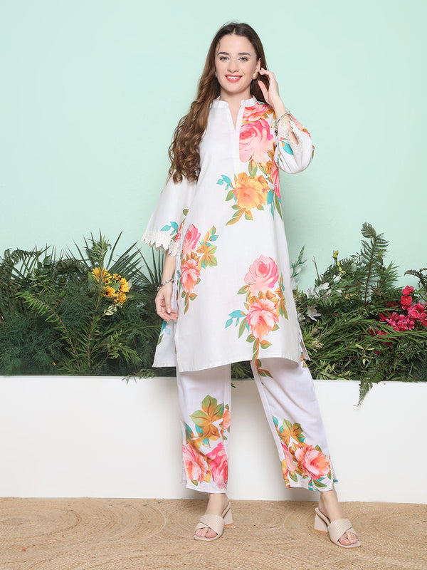 Off White Multi Printed Kurta with Pant.