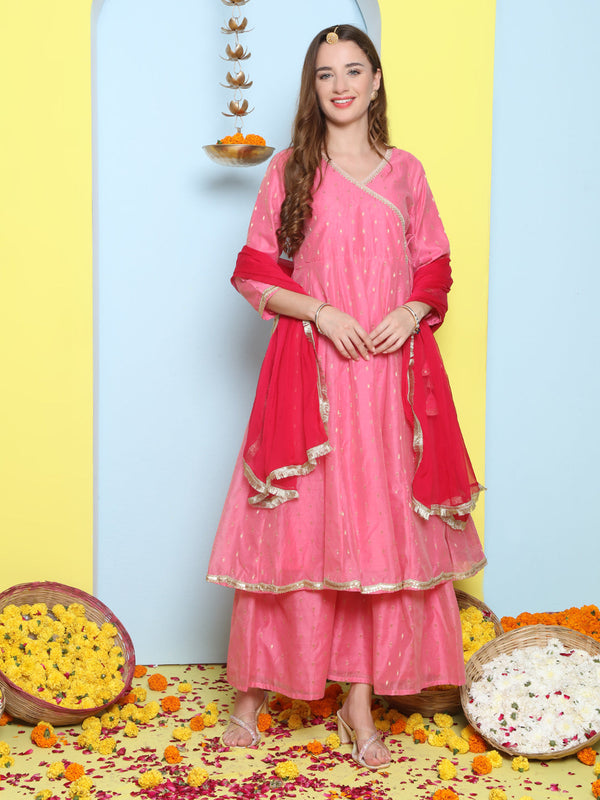 Pink Woven Booti Angrakha Kurta With Sharara & With Dupatta