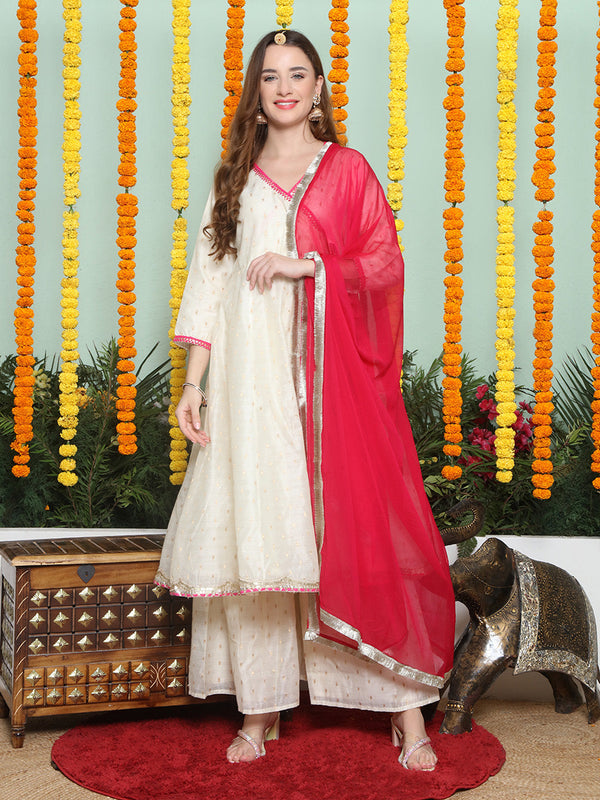 Off White Woven Booti Angrakha Kurta With Sharara & With Dupatta