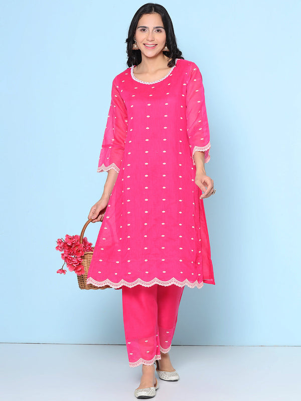 Fuchsia Pink Colour Embroidered Kurta With Embroiderd hemTrousers