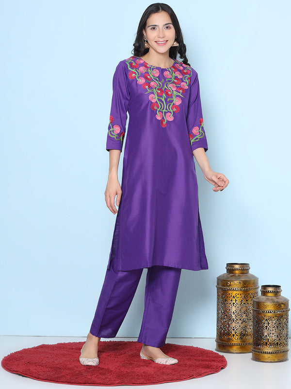 Purple Color Yoke & Sleeve Embroidered Kurta With Purple Solid Trousers