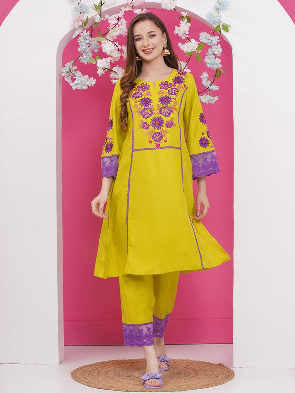 Jashvi Lime Green Embroidered A Line Kurta with plazzo set.