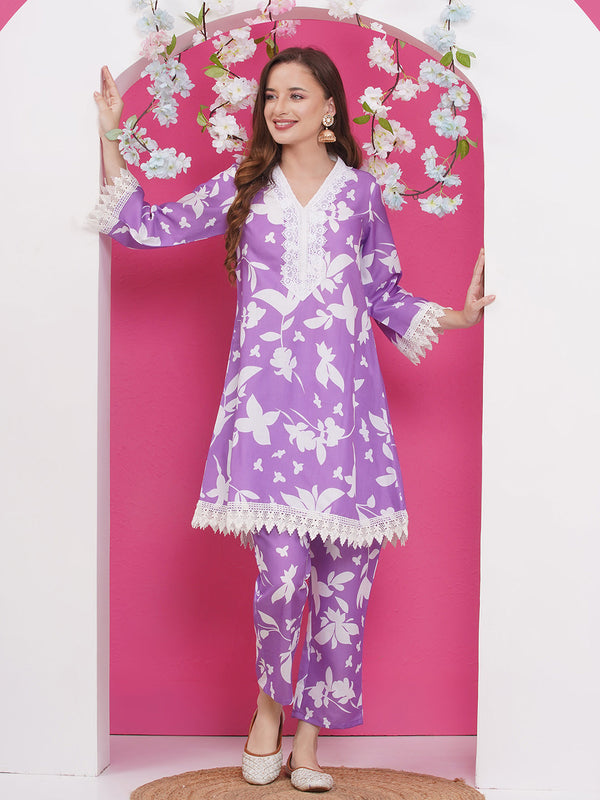 Jashvi  Purple & White Floral Printed Kurta set