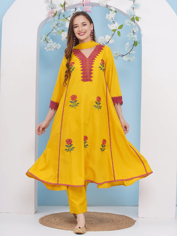 Jashvi Yellow Embroiderd Anarkali Flared Kurta with Palazzos Dupatta.