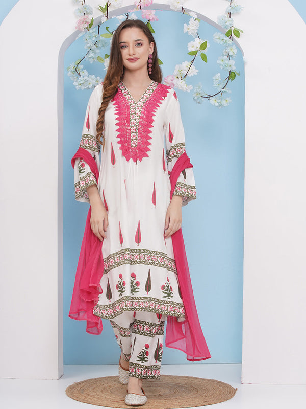 Jashvi White Colour floral printed Straight Kurta with Palazzos Dupatta.