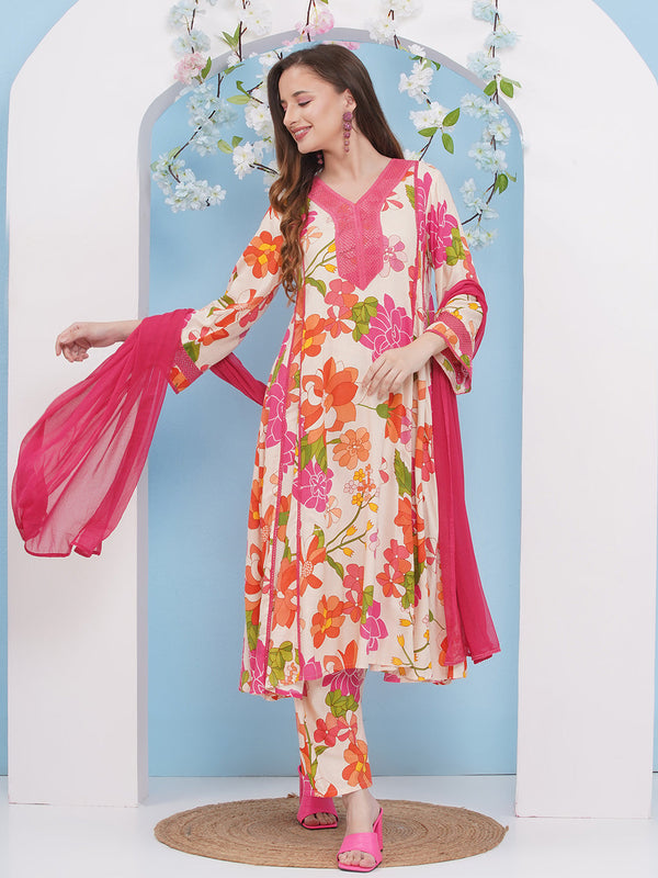 Jashvi Off White Multi Floral Printed Anarkali Kurta with Palazzos Dupatta.