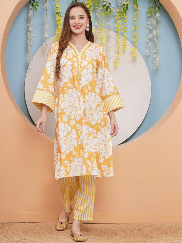 Jashvi Yellow & White Floral With Stripes Printed Kurta set