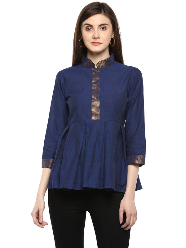 Jashvi Navy Blue Solid Cotton Top