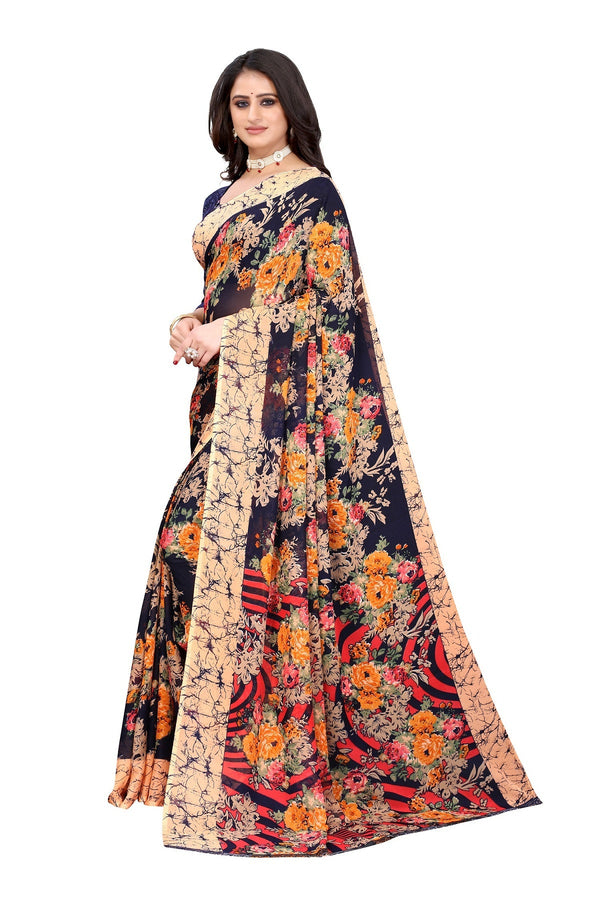 Women's Black Printed Georgette Saree - Vamika