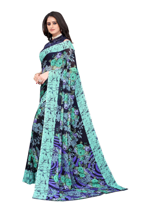 Women's Blue Printed Georgette Saree - Vamika