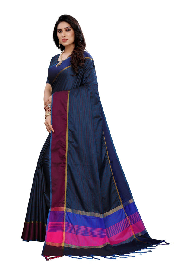 Women's Navy Cotton Silk Weaving Saree - Vamika