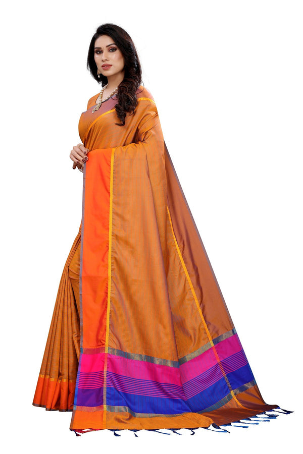 Women's Orange Cotton Silk Weaving Saree - Vamika