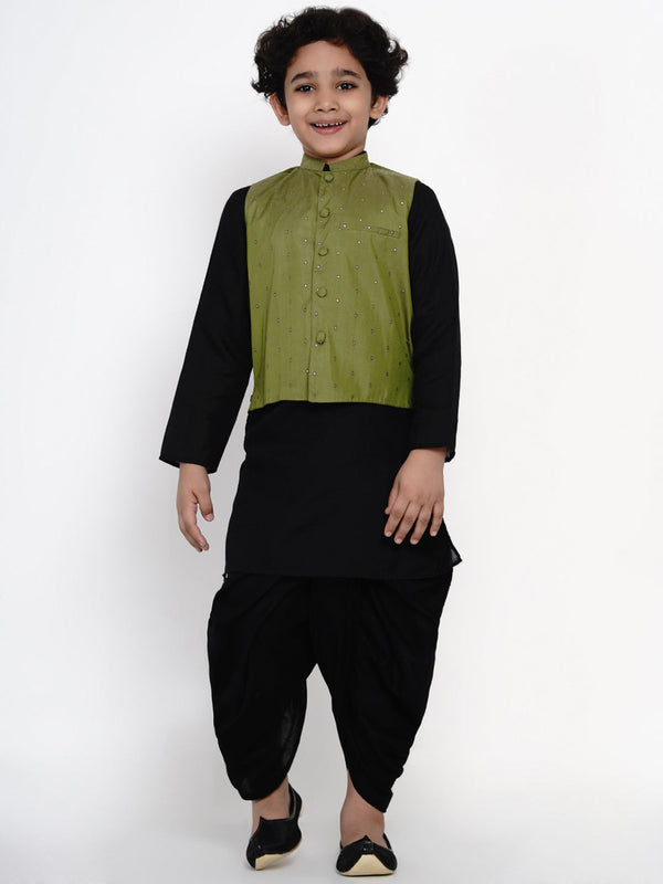 Boys Black & Green Solid Kurta with Dhoti Pants & Nehru Jacket