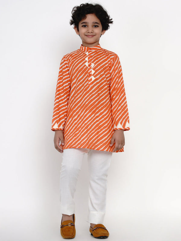 Boys Orange & Off-White Printed Kurta with Pyjamas