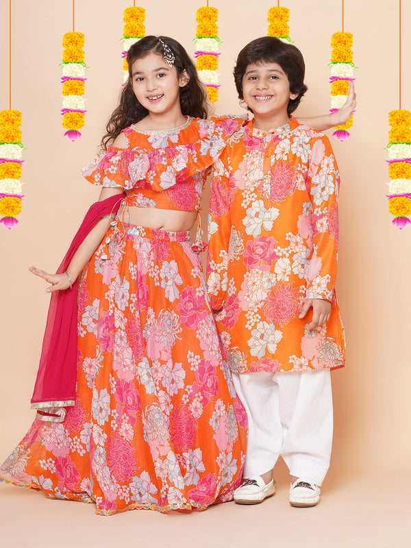 Jashvi Boys Orange Multi Printed Kurta with Salwar