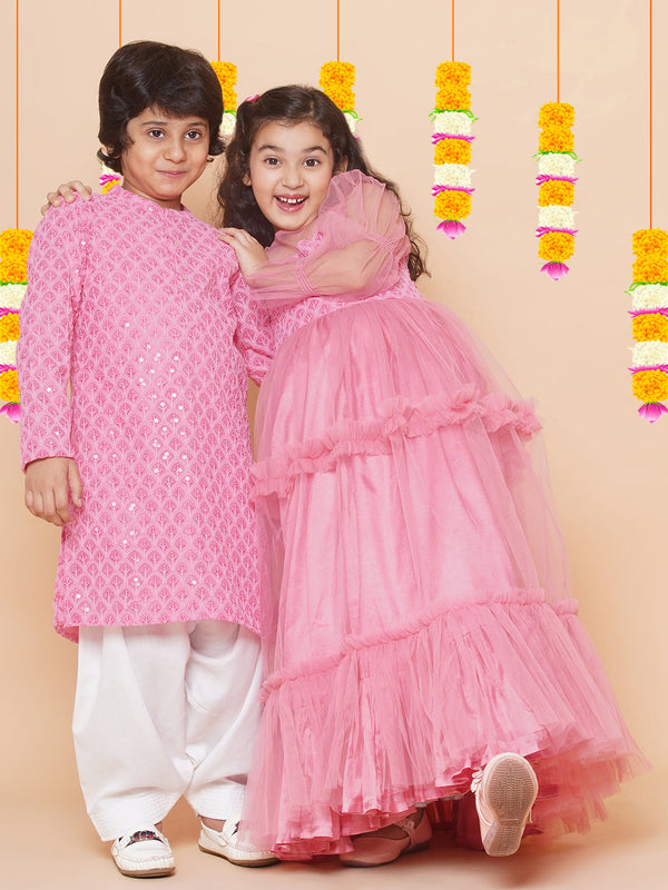 Jashvi Boys Peach Sequins Embroidered Kurta with Salwar