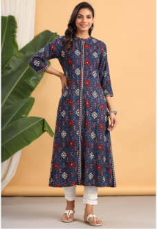 Women's Indigo Rayon Printed A-Line Kurta - Juniper