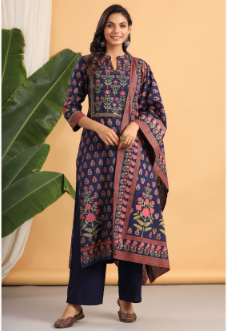 Women's Navy Rayon Printed Straight Kurta Palazzo Dupatta Set - Juniper