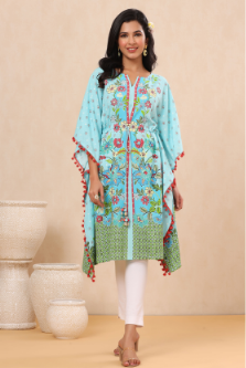 Women's Skyblue Rayon Printed Straight Kaftan - Juniper